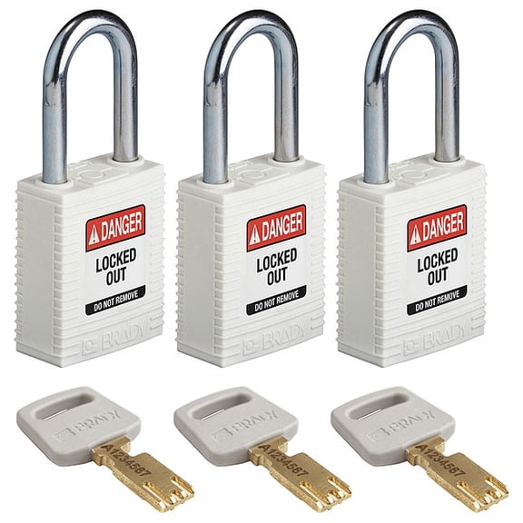 Brady Lockout Padlock,Nylon,Wht,1/2" W,PK3 NYL-WHT-38ST-KA3PK