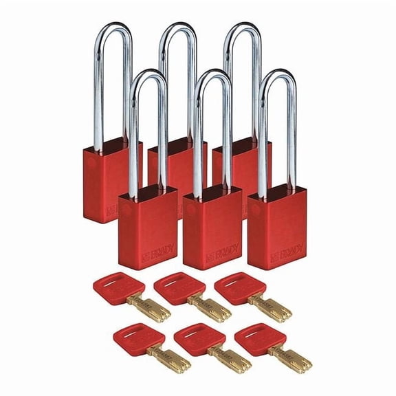 Lockout Padlock, Keyed Alike, Aluminum, Red, 3 in Shackle Height, 1 1/2 in Body Width, 6 PK