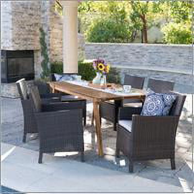 Brady Outdoor 7 Piece Acacia Wood Rectangular Dining Set with Wicker Dining Chairs and Cushions, Teak, Multibrown, Light Brown