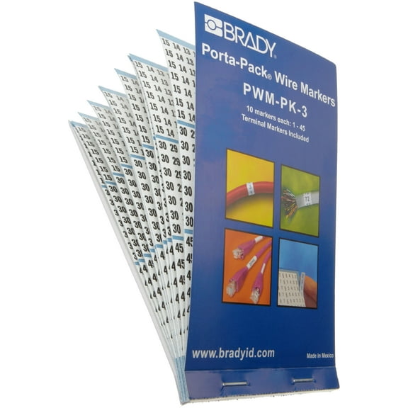 Brady PWM-PK-3 B-500 Matte Repositionable Vinyl Cloth, Black On White Color Porta-Pack Number Wire Markers, Legend "1 Thru 45" CA1