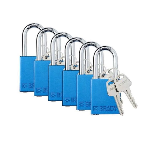 Padlock, Keyed Alike, Aluminum, Blue, 1 1/2 in Shackle Height, 1 1/2 in Body Width, 12 No. of Keys