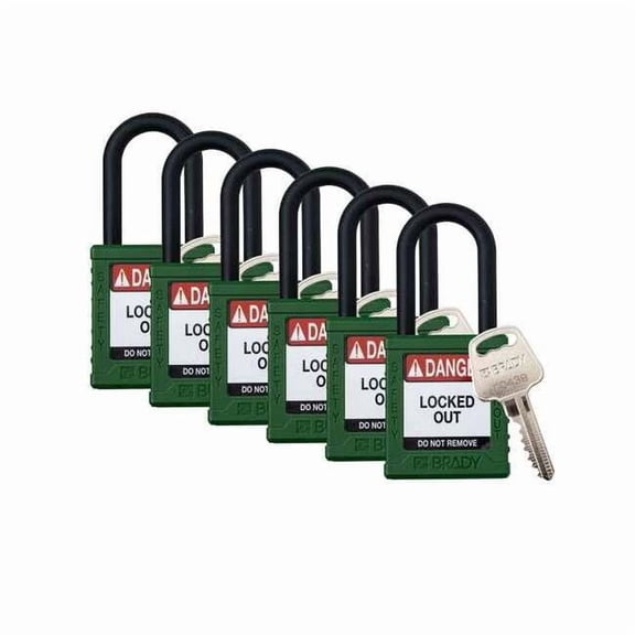 Padlock, Keyed Different, Nylon, Green, 1 1/2 in Shackle Height, 1 1/2 in Body Width, 6 No. of Keys