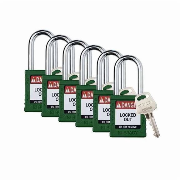Padlock, Keyed Different, Nylon, Green, 1 1/2 in Shackle Height, 1 1/2 in Body Width, 6 No. of Keys