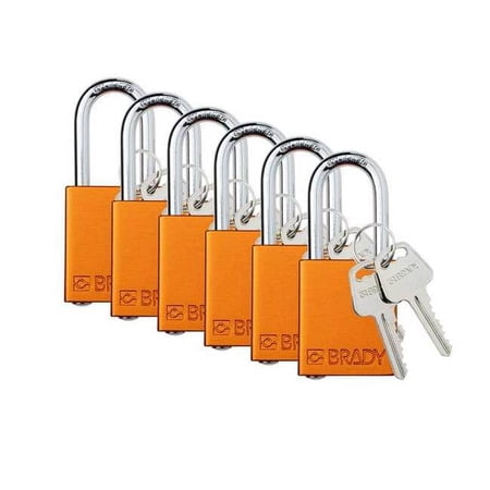 Padlock, Keyed Alike, Aluminum, Orange, 1 1/2 in Shackle Height, 1 1/2 in Body Width, 6 PK
