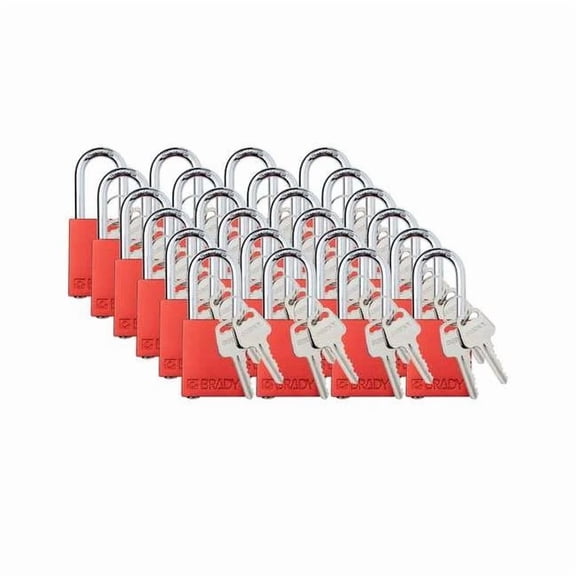 Padlock, Keyed Different, Aluminum, Red, 1 1/2 in Shackle Height, 1 1/2 in Body Width, 24 PK