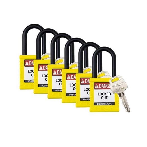 Brady Padlock,6 Pins,Yellow,PK6 SDPL-YLW-38PL-KA6