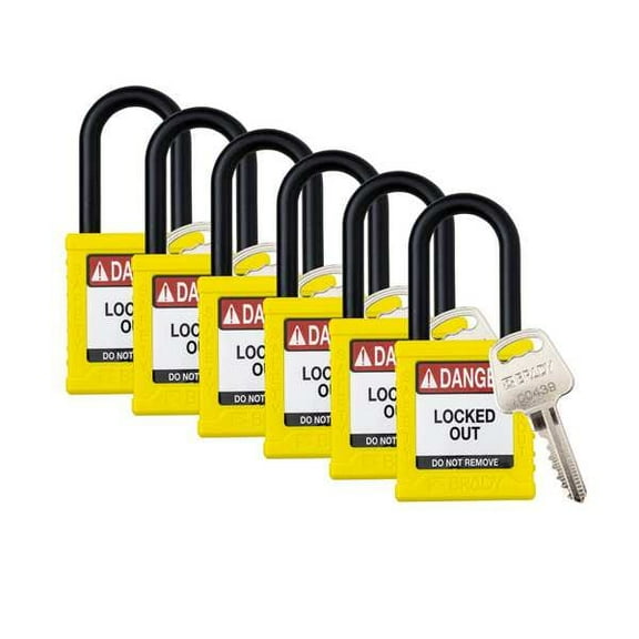 Brady Padlock,6 Pins,Yellow,PK6 SDPL-YLW-38PL-KA6