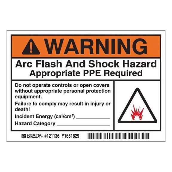 Brady Arc Flash Label,3-1/2 In. H,5 In. W,PK5, 121136 121136