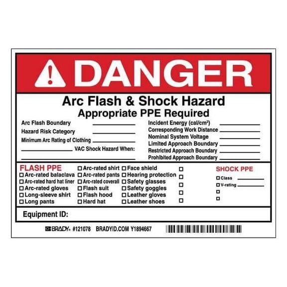 Brady Arc Flash Protection Label,PK5, 121078 121078