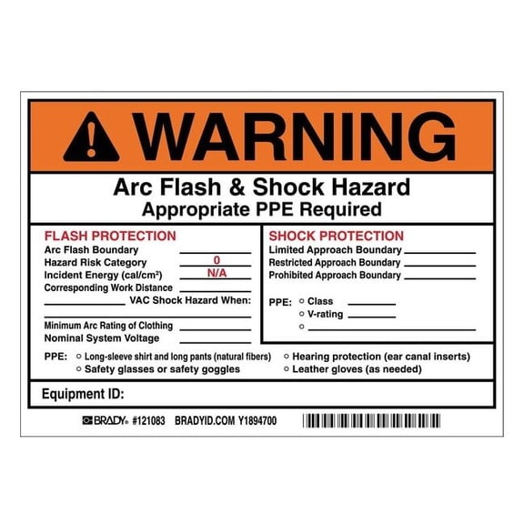 Brady Vinyl Arc Flash & Shock Protection Label, 5"H X 7" W,PK5 121083