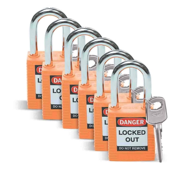 Brady Plastic Lockout/Tagout Padlock, Keyed Different, 1-3/4" Body Length, 1-1/2" Shackle Clearance, Orange (Pack of 6) CA3