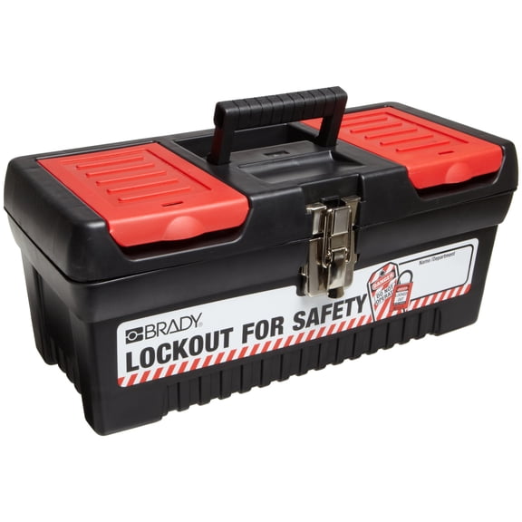 Brady Polypropylene Lockout Toolbox, Legend "Lockout For Safety", Medium, 7.8" Height, 16.2" Width, 7.3" Depth, Black - 105906 CA1