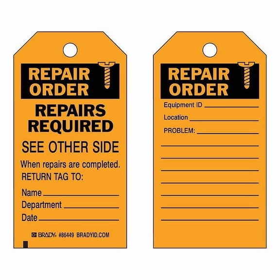 Brady Rpr Ord Tag,5-3/4 x 3 In,Bk/Orn,Brs,PK10 86449