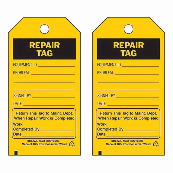 Brady Rpr Tag,5-3/4 x 3 In,Bk/Yel,3/8 In,PK100 86664