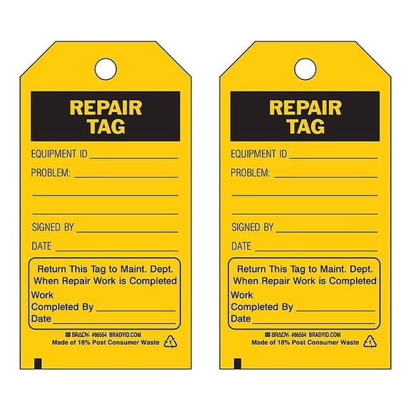 Brady Rpr Tag,5-3/4 x 3 In,Bk/Yel,3/8 In,PK100 86664