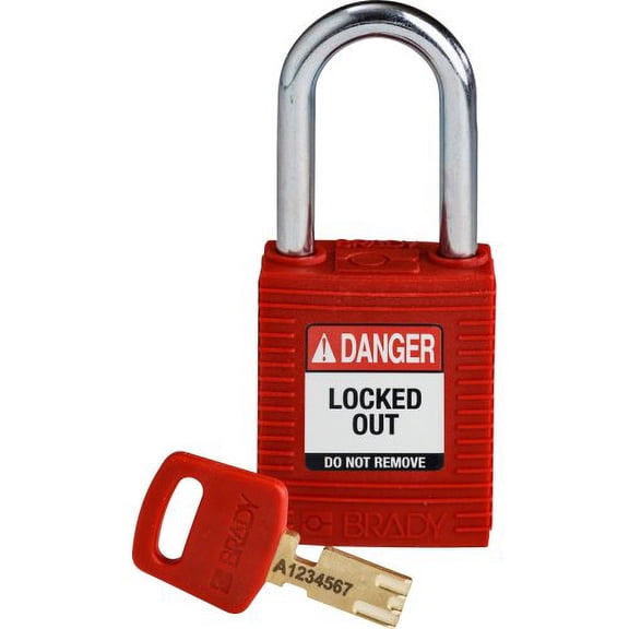 Brady SafeKey Lockout Padlock, 1.5" Steel Shackled, Red, Each (J05200251)