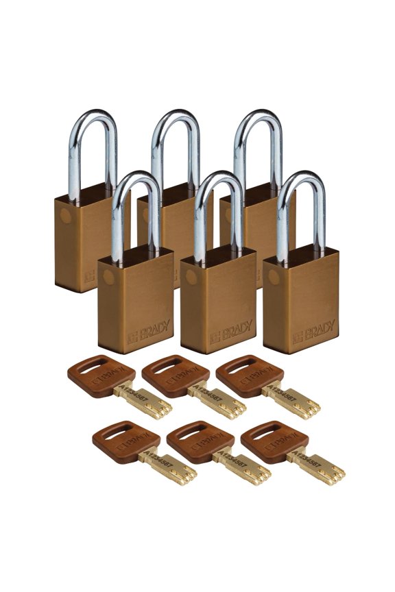 SafeKey Lockout Padlock Aluminum BRN 1.5" Steel Shkl Keyed Different 6 Pk CA3