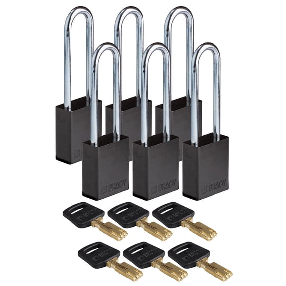 Brady SafeKey Lockout Padlock Aluminum Blk 3.0" Steel Shkl Keyed Different 6 Pk CA2
