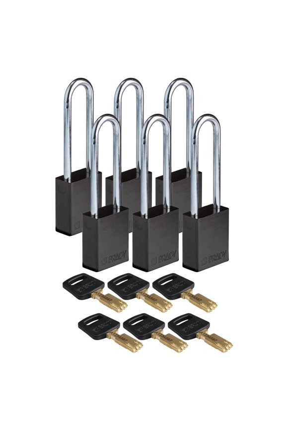 SafeKey Lockout Padlock Aluminum Blk 3.0" Steel Shkl Keyed Different 6 Pk CA2