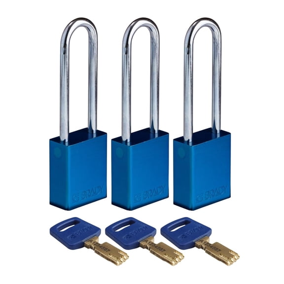 Brady SafeKey Lockout Padlock Aluminum Blue 3.0" Steel Shkl Keyed Alike 3 Pk CA2