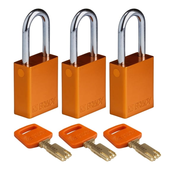 Brady SafeKey Lockout Padlock Aluminum Orange 1.5" Steel Shkl Keyed Alike 3 Pk CA2