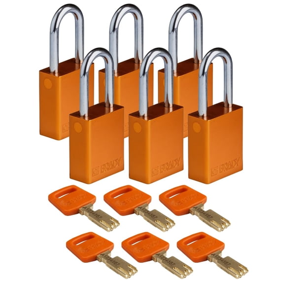 Brady SafeKey Lockout Padlock Aluminum Org 1.5" Steel Shkl Keyed Different 6 Pk CA3