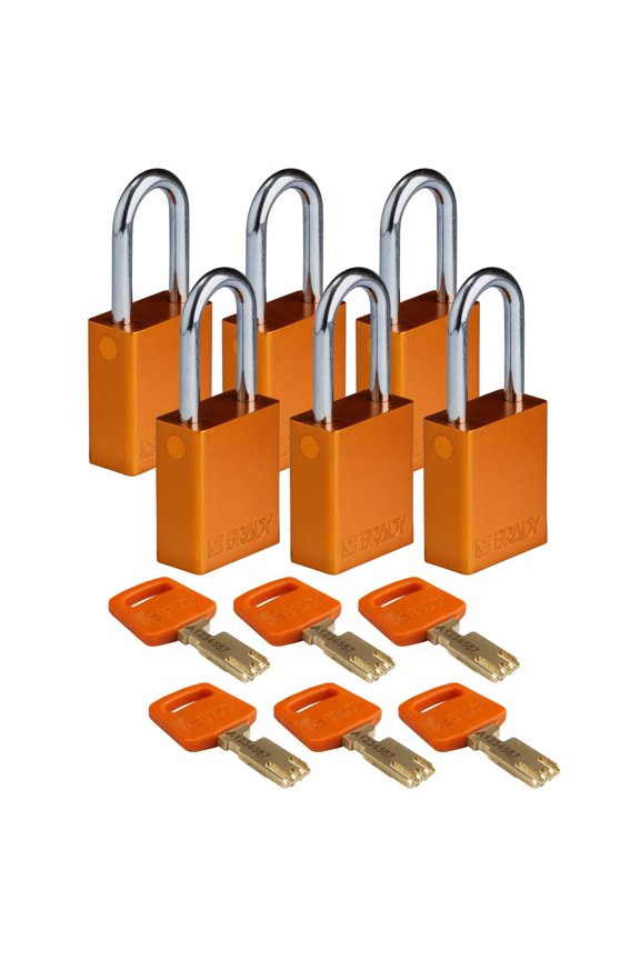 SafeKey Lockout Padlock Aluminum Org 1.5" Steel Shkl Keyed Different 6 Pk CA3