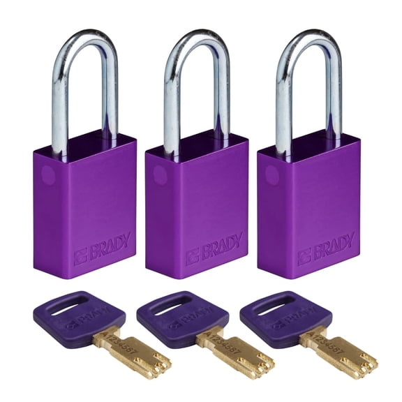 Brady SafeKey Lockout Padlock Aluminum Purple 1.5" Steel Shkl Keyed Alike 3 Pk CA2