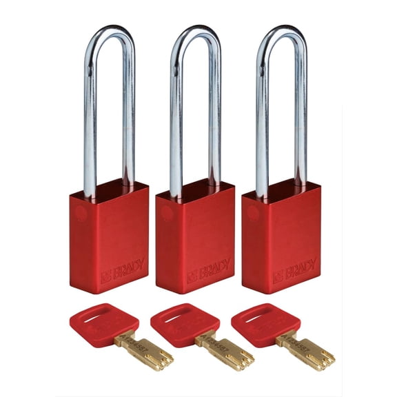 Brady SafeKey Lockout Padlock Aluminum Red 3.0" Steel Shkl Keyed Alike 3 Pk CA2