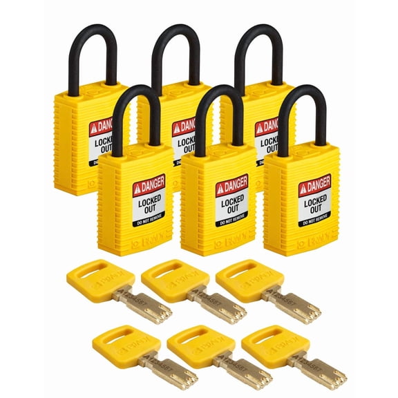Brady SafeKey Lockout Padlock Nylon YLW 1.0" Plastic Shkl Keyed Different 6 Pk CA3