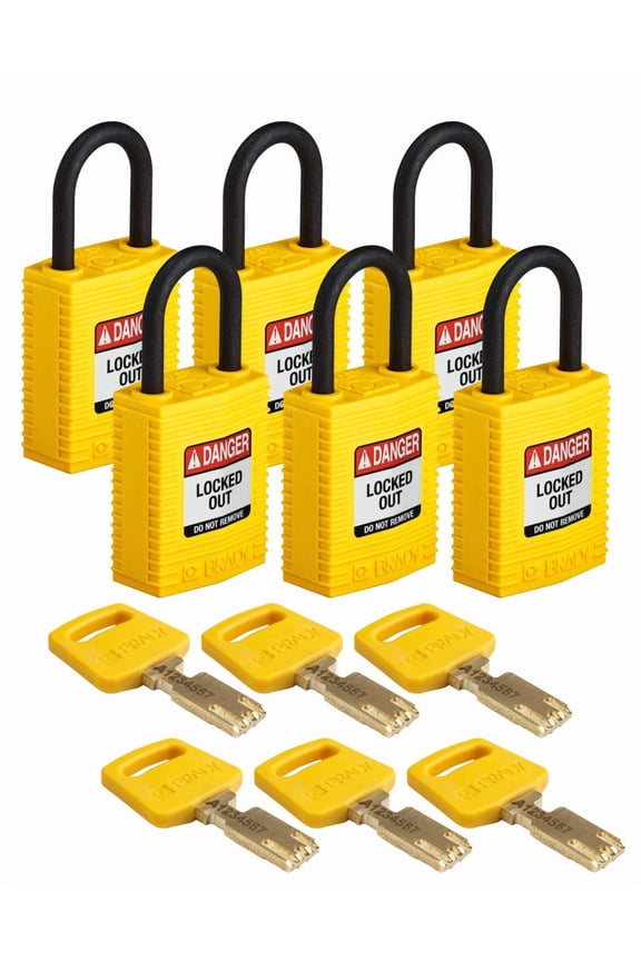 SafeKey Lockout Padlock Nylon YLW 1.0" Plastic Shkl Keyed Different 6 Pk CA3