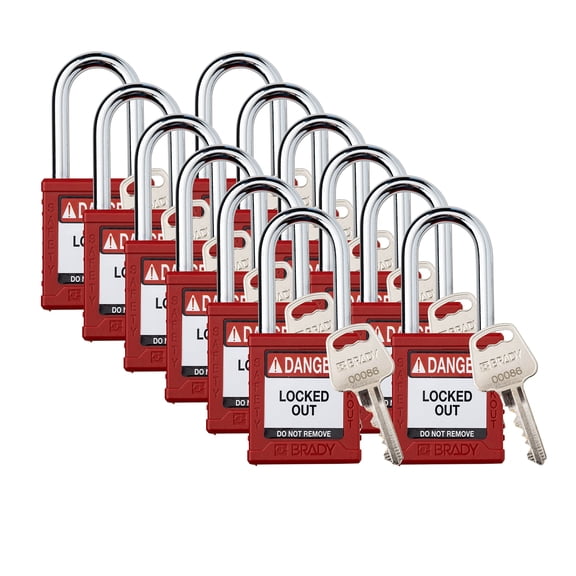 Brady Safety Lockout Padlock Sets - 12 Pack - Red - Keyed Different Safety Lockout Padlocks - 1 Key Per Lock - SDPL-RED-38ST-KD12 CA2
