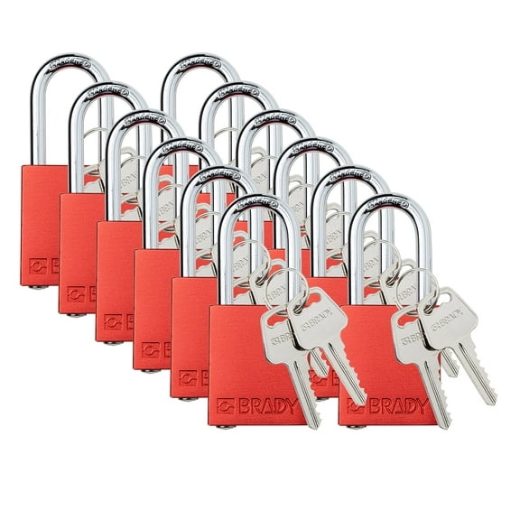 Brady Safety Lockout Padlock Sets - 12 Pack - Red - Keyed Different Safety Lockout Padlocks - 2 Keys Per Lock - SDAL-RED-38ST-KD12 CA2
