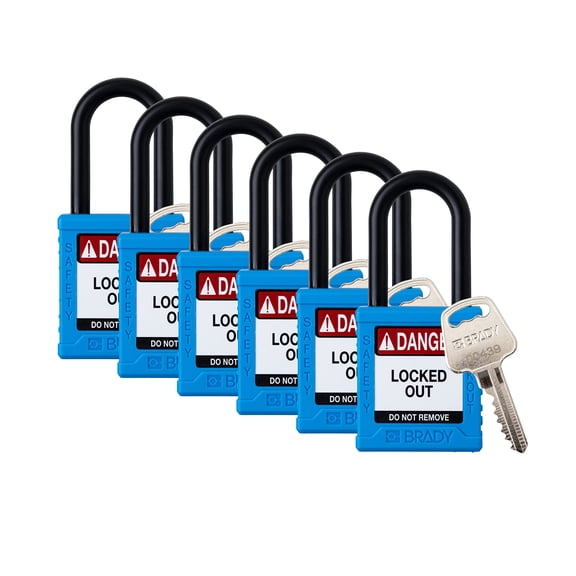 Brady Safety Lockout Padlock Sets - 6 Pack - Blue - Keyed Alike Safety Lockout Padlocks - 1 Key Per Lock - SDPL-BLU-38PL-KA6 CA3