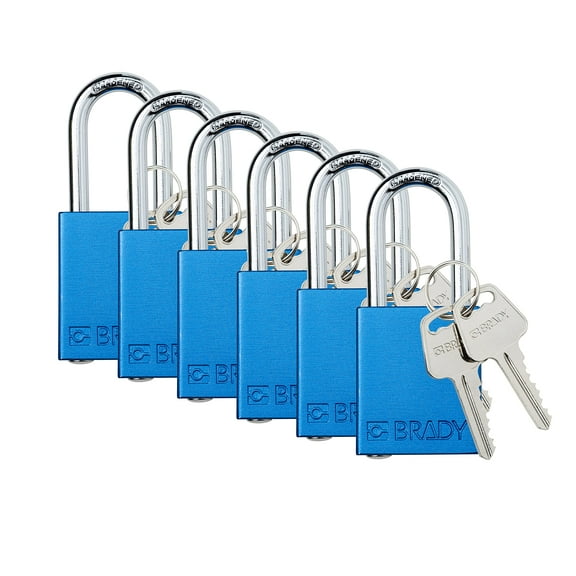 Brady Safety Lockout Padlock Sets - 6 Pack - Blue - Keyed Different Safety Lockout Padlocks - 2 Keys Per Lock - SDAL-BLU-38ST-KD6 CA3