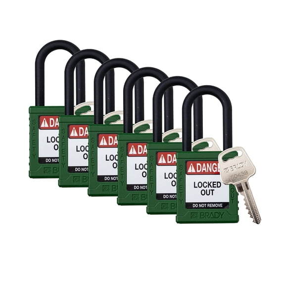 Brady Safety Lockout Padlock Sets - 6 Pack - Green - Keyed Alike Safety Lockout Padlocks - 1 Key Per Lock - SDPL-GRN-38PL-KA6