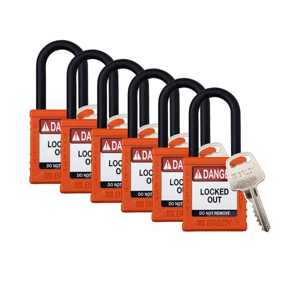 Brady Safety Lockout Padlock Sets - 6 Pack - Orange - Keyed Alike Safety Lockout Padlocks - 1 Key Per Lock - SDPL-ORG-38PL-KA6 CA2