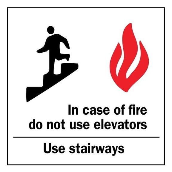 Directional Sign, Plastic, 10 in W, 7 in H, In Case Of Fire Do Not Use Elevators.Etc., White