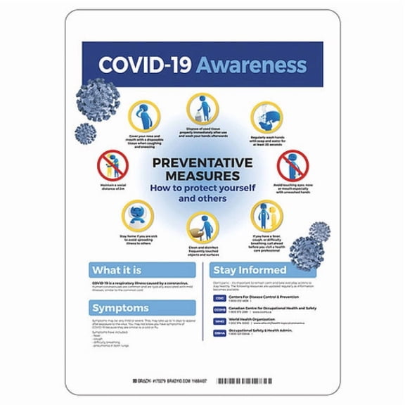 BRADY 170280 COVID-19 Awareness Sign, 10" W x 14" H, English, Polystyrene