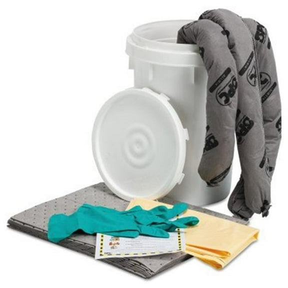 Spill Kit, 9 gal Volume Absorbed per Kit, 6 1/2 gal Capacity, Bucket, White