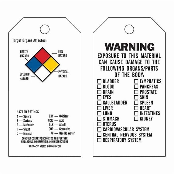 Brady Tag,Vinyl,Target Organs Affected,PK25, 76203 76203
