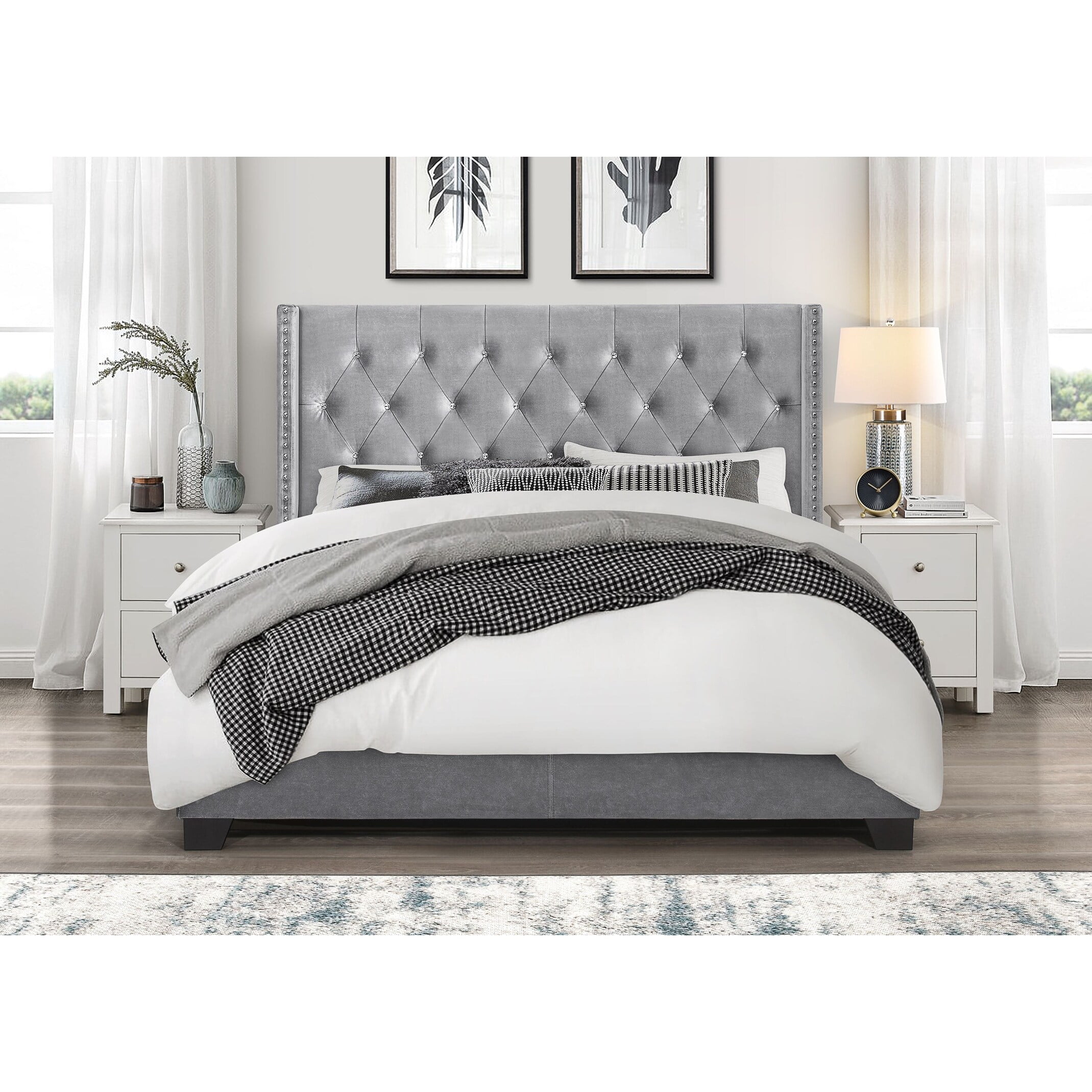 Home Design Brady King Tufted Wingback Upholstered Panel Bed Frame, Silver Gray-Velvet (Diamond)