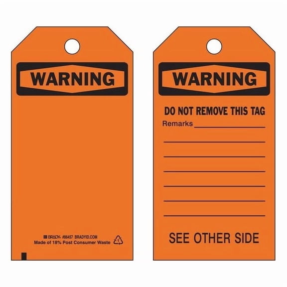 Warning Tag, Warning Tags, Polyester, 5 3/4 in H x 3 in W, Black, Orange, Rectangle, 10 PK