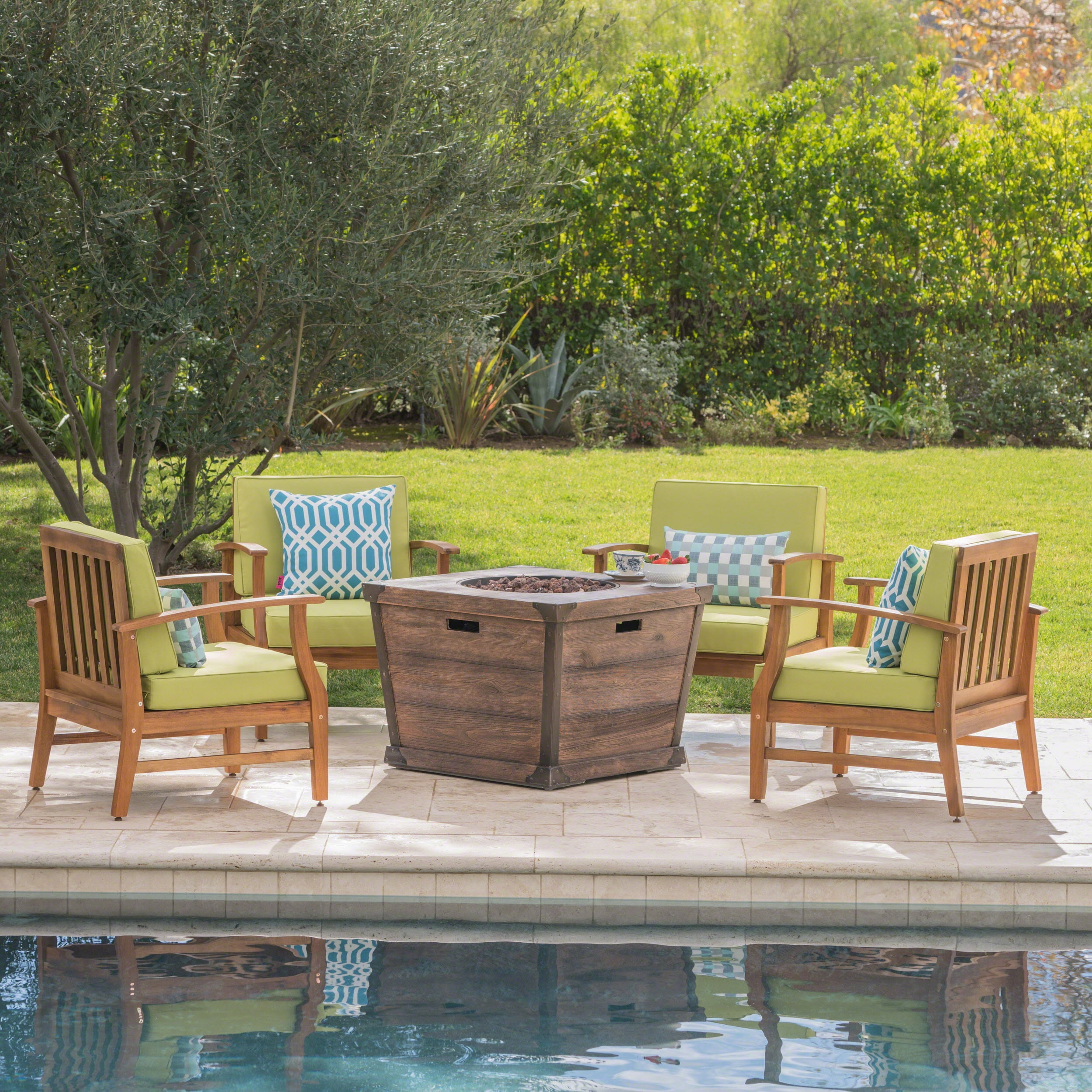 Belle Green Acacia Wood 4-Seat Fire Pit Chat Set
