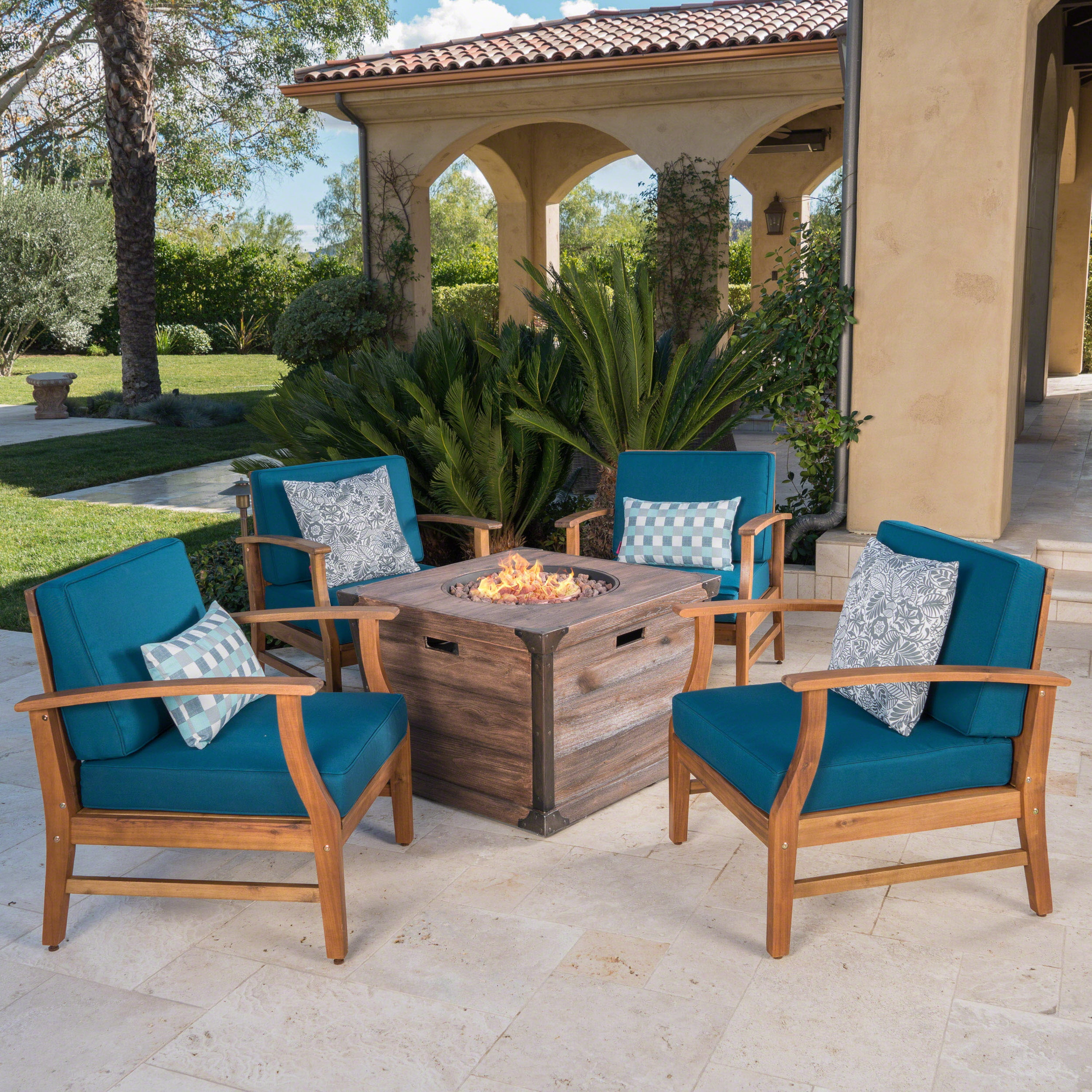 Teak Brown 4-Seat Fire Pit Set with Blue Cushions