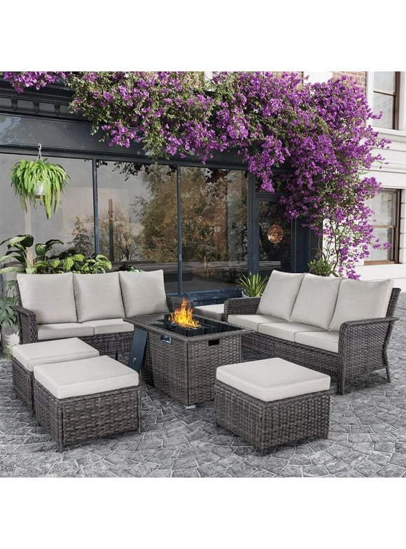 Brafab 10pcs Outdoor Patio Furniture Set with 44" Gas Fire Pit Table, PE Wicker Patio Conversation Sets Cushioned Seat Couch Outdoor Sectional Chair Sofa Set for Yard Garden Porch