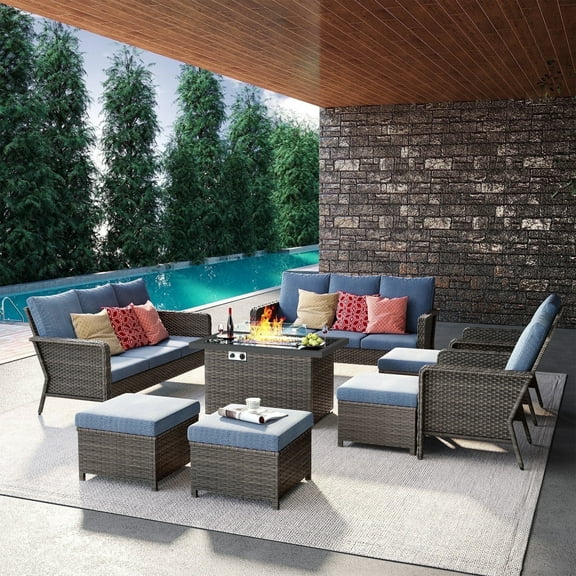Brafab 12 Seat Outdoor Patio Dining Set with 44" Gas Propane Fire Pit Table, Blue