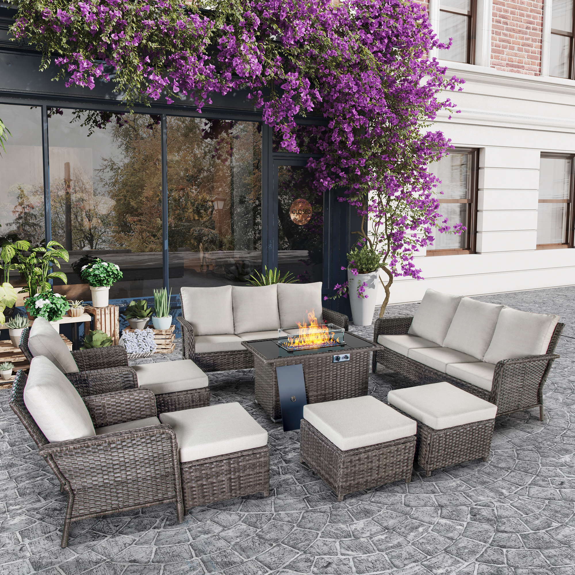 Brafab 12 Seat Outdoor Patio Furniture Set with 22.8 High Back and44" Gas Fire Pit Table, PE Wicker Patio Conversation Sets Cushioned Seat Couch Outdoor Sectional Chair Sofa Set for Yard Garden Porch