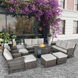GDF Studio Navan Outdoor Acacia Wood 8 Seater Sectional Sofa Set with Cushions Cream and Gray Walmart