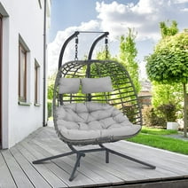 Brafab 2 Person Swing Egg Chair with Sturdy Stand and Fluffy Cushion, Large Double Hand-Woven Wicker Rattan Hanging Egg Chairs, Porch Swing Loveseat 500LBS Capacity for Indoor Outdoor, Light Grey